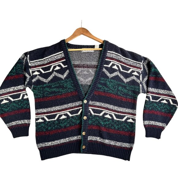 Vintage Michael Gerald Sweater Mens Large Navy Green V Neck Cardigan Acrylic 90s - Picture 1 of 10